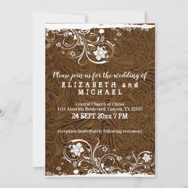 Invitation Mariage rustique en cuir et dentelle (Devant)