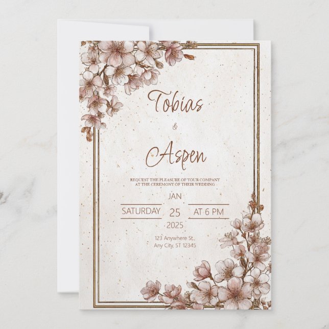 Invitation Mariage rustique en fleurs de cerisier (Devant)