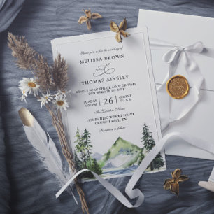 Invitation Mariage rustique en forêt de montagne avec code QR