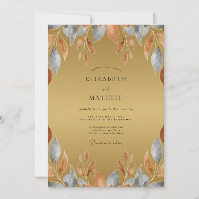 Invitation Mariage Rustique Feuilles de Slate Ocre (Devant)