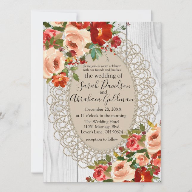 Invitation Mariage Rustique Fleurs Rouges Roses Lace Bois Bla (Devant)