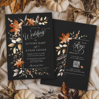 Invitation Mariage rustique floral noir feuilles d'automne