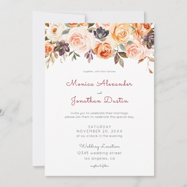 Invitation Mariage rustique floral rose et pêche (Devant)