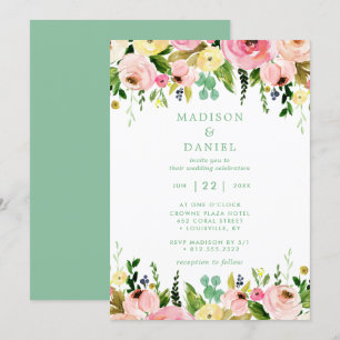 Invitation Mariage rustique floral rose et vert menthe