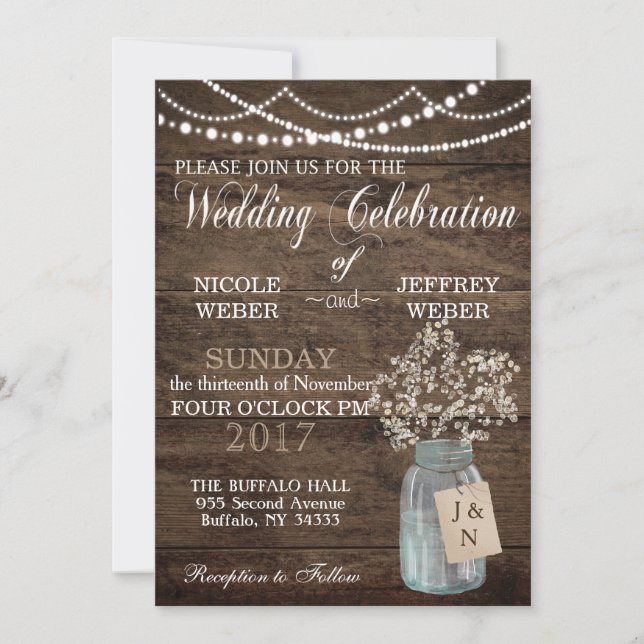 Invitation Mariage Rustique Grange Bois Mason Jar Babys Respi (Devant)