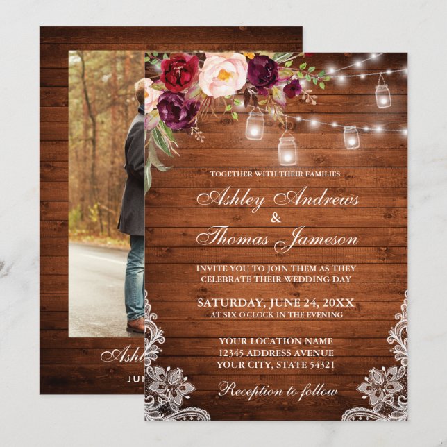 Invitation Mariage rustique Lumières bois jarres dentelle pho (Devant / Derrière)