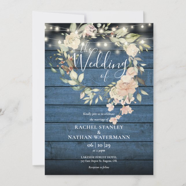 Invitation Mariage Rustique Lumières de Chaîne en Bois Floral (Devant)