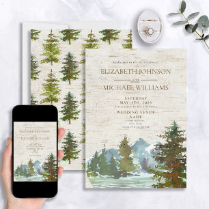Invitation Mariage rustique montagnes forêt aquarelle bouleau