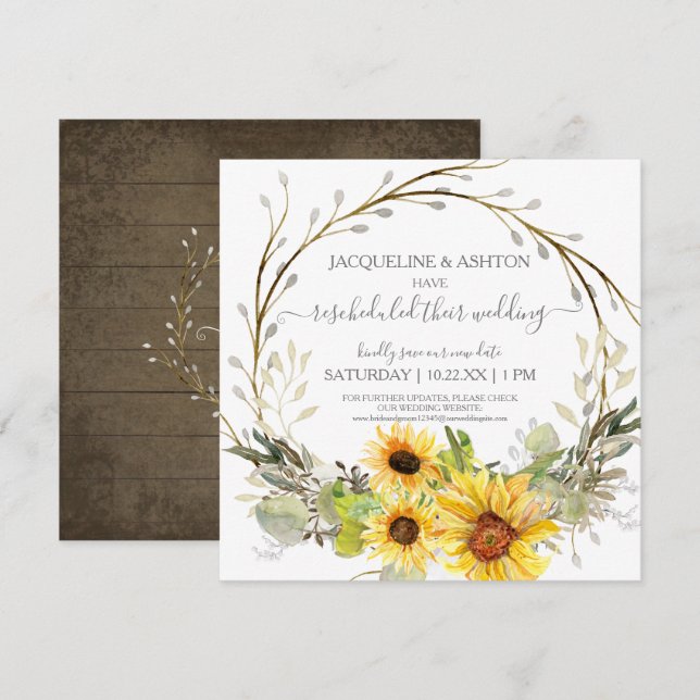 Invitation Mariage rustique reprogrammé Script tournesol flor (Devant / Derrière)