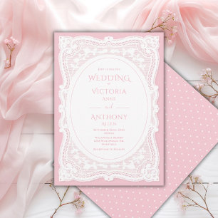 Invitation Mariage rustique rose et blanc dentelle vintage