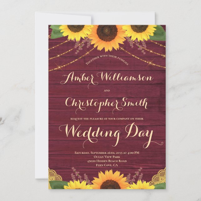 Invitation Mariage Rustique Sunflower Bourgogne (Devant)