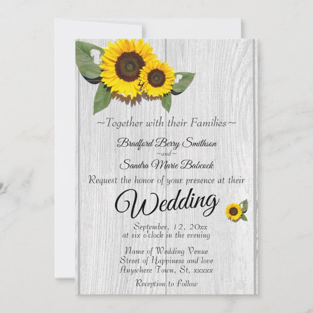 Invitation Mariage rustique Tournesol Gris de bois (Devant)