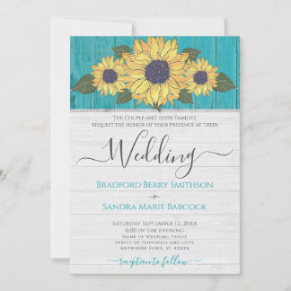 Invitation Mariage rustique tournesol Jaune Turquoise gris bo