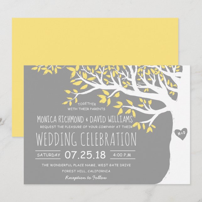 Invitation Mariage rustique vintage gris jaune Arbre blanc (Devant / Derrière)