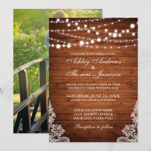 Invitation Mariage rustique voyants à cordes de bois dentelle (Devant / Derrière)