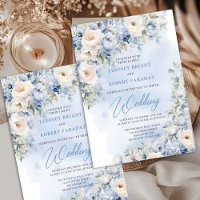 Mariage sage aux fleurs bleues et blanches poussié