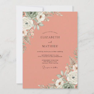 Invitation Mariage Saumon Fleur Blanche
