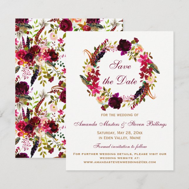 Invitation Mariage Sauvez la date - Floral Bourgogne, Plumes (Devant / Derrière)