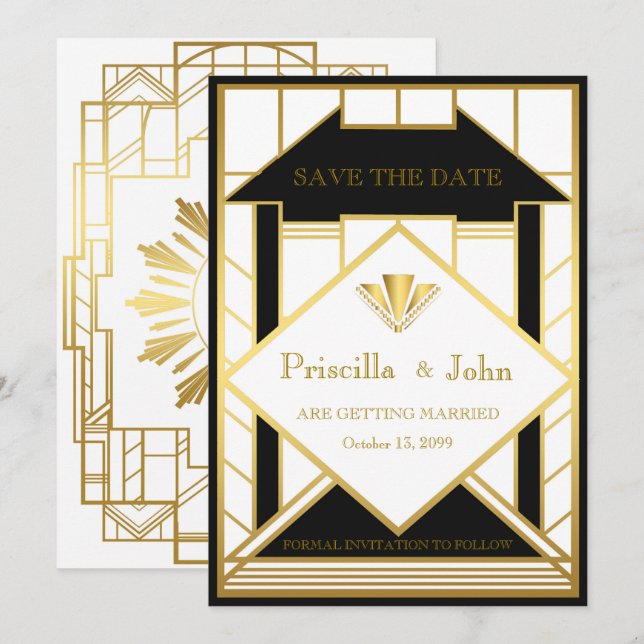 Invitation Mariage Save the Date, Gatsby, Médaillon or (Devant / Derrière)