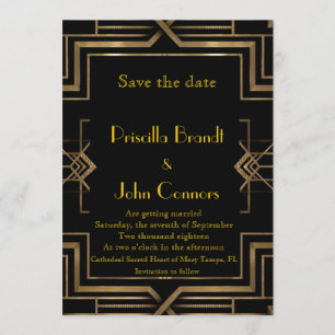 Invitation Mariage, Save the Date, noir & or, grand-Gatsby