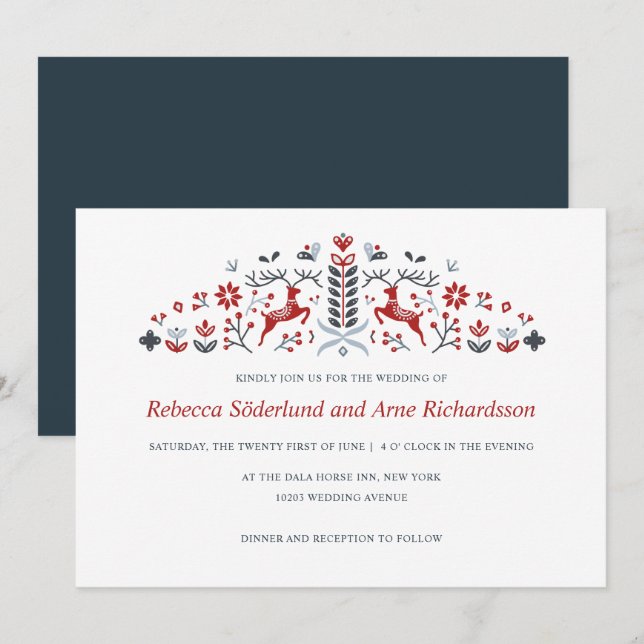 Invitation Mariage scandinave de rennes d'art populaire et de (Devant / Derrière)