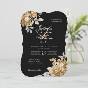 Invitation Mariage Script Or Naturel Floral Rustique Noir 