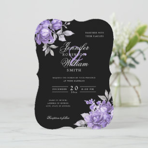 Invitation Mariage Script Violet Rustique Floral Noir 