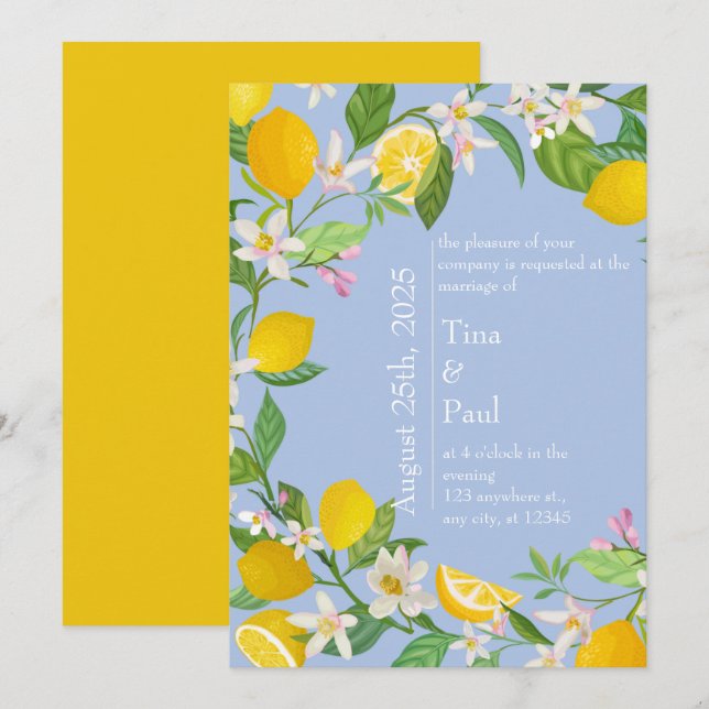 Invitation Mariage sicilien de citron bleu méditerranéen (Devant / Derrière)