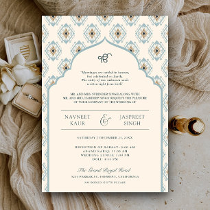 Invitation Mariage Sikh Anand Karaj Crème Bleu Pastel Ikat