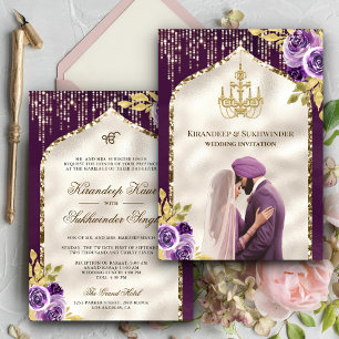 Invitation Mariage Sikh Anand Karaj Fleur Or Pourpre