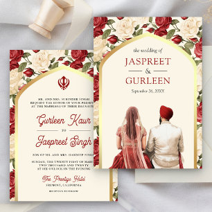 Invitation Mariage Sikh Anand Karaj floral ivoire rouge Punja