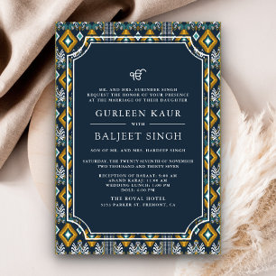 Invitation Mariage Sikh Anand Karaj Ikat bleu foncé jaune