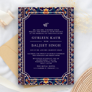 Invitation Mariage Sikh Anand Karaj Ikat bleu foncé jaune