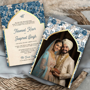 Invitation Mariage Sikh Anand Karaj Photo Floral Ivoire Bleu