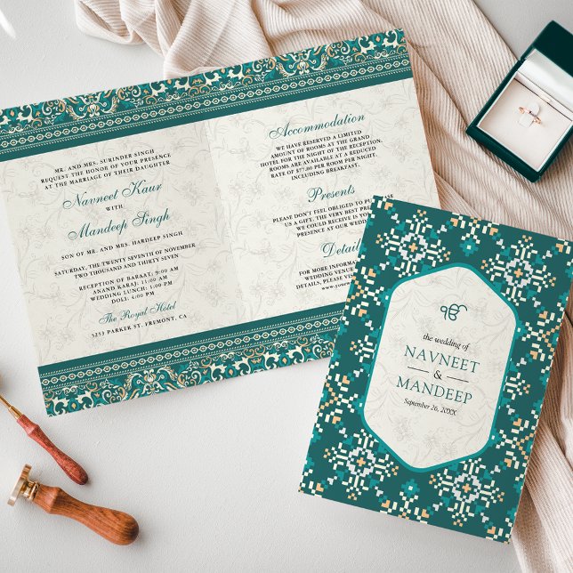 Invitation Mariage Sikh au point de croix sarcelle tout-en-un (Créateur téléchargé)