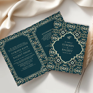 Invitation Mariage Sikh Géométrique Beige Sarcelle Foncé Tout