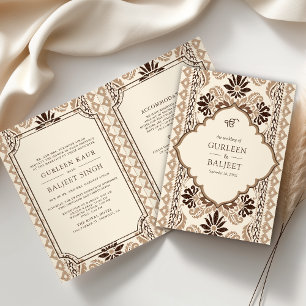 Invitation Mariage Sikh Ikat Brun Crème Beige Tout-en-Un