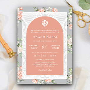 Invitation Mariage sikh pendjabi Anand Karaj floral corail gr