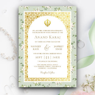 Invitation Mariage sikh punjabi Anand Karaj floral vert menth