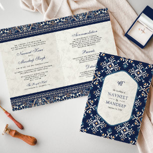 Invitation Mariage Sikh tout-en-un bleu marine avec broderie