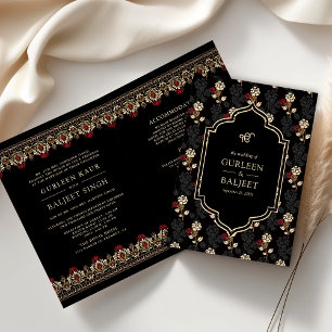 Invitation Mariage Sikh Tout en Un Ikat Crème Rouge Noir