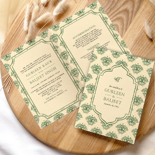 Invitation Mariage Sikh tout-en-un Ikat Damassé Crème Verte