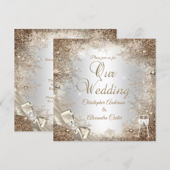 Invitation Mariage Silver Beige Cream Pearl Bow Snowflake 2 (Devant / Derrière)