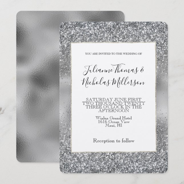 Invitation Mariage Silver Glam Sparkle Glitz (Devant / Derrière)