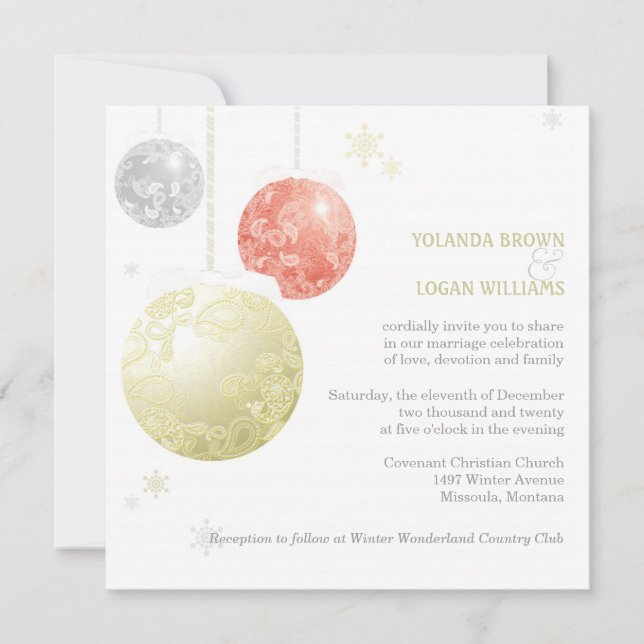 Invitation Mariage Silver Gold Red Christmas Balls (Devant)