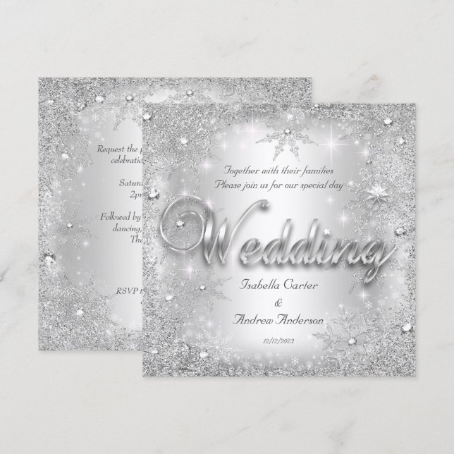 Invitation Mariage Silver Winter Wonderland Snowflakes (Devant / Derrière)