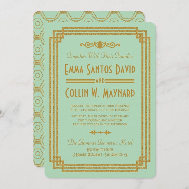 Invitation Mariage simple Art Déco Mint Invite (Devant / Derrière)