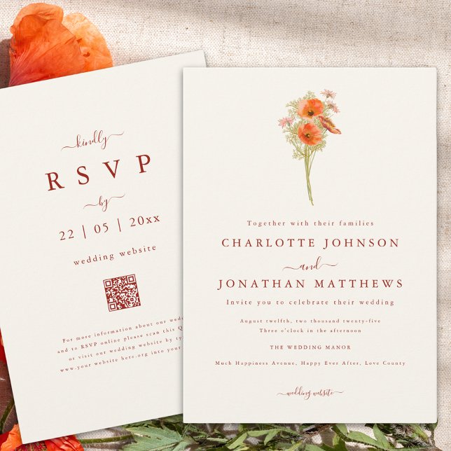 Invitation Mariage Simple Bohème aux Fleurs Sauvages d'Automn (Minimalist wildflower fall wedding invitation with wedding website qr code)