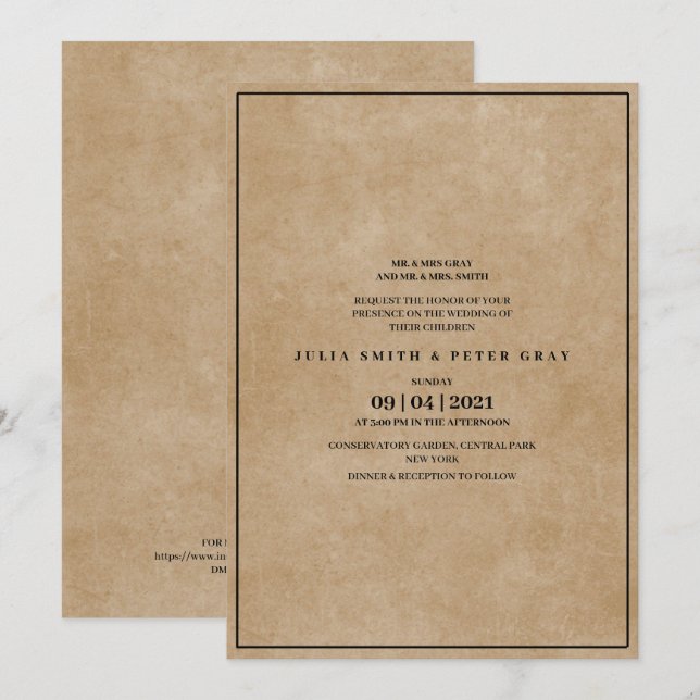 Invitation Mariage simple dans du papier marron de style vint (Devant / Derrière)
