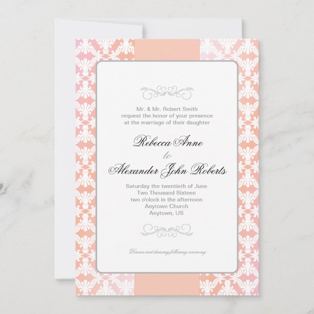 Invitation Mariage simple de damassé rose et de corail (Devant)